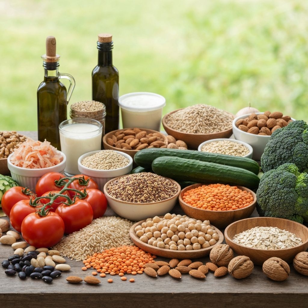 Diverse plant-based foods on wooden table